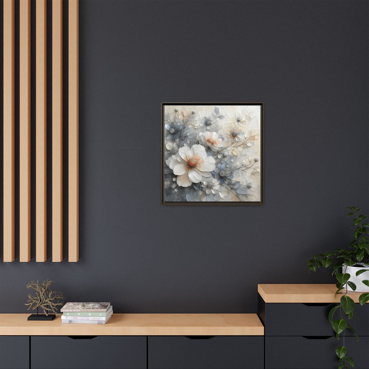 Modern Grey and White Floral Design Unique Framed Canvas Wall Art Flower Lover Gift Nature Lover Gift 3 frame colors