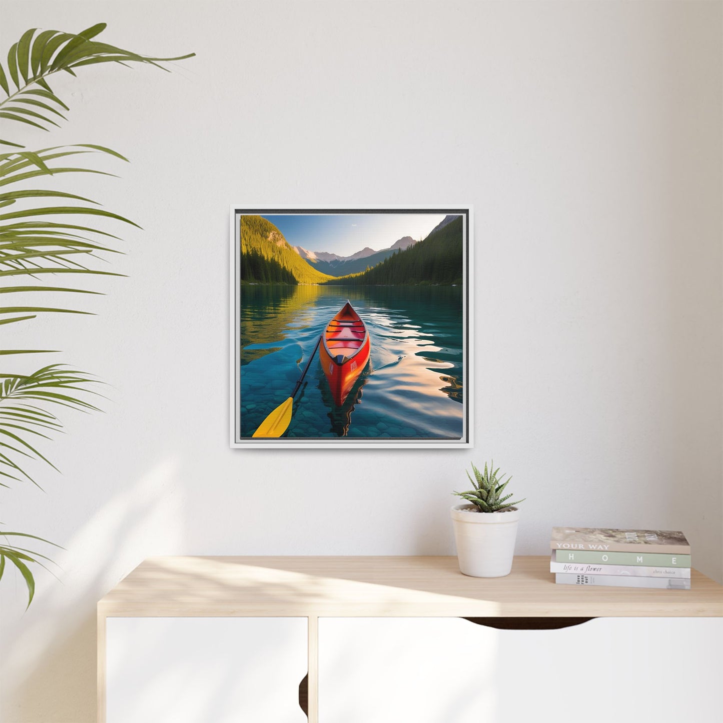 Canoe in the River Framed Canvas Wall Art Mountain Lover Outdoorsman Vacation Kayak Gift Nature Lover Peaceful Zen Gift 3 frame colors