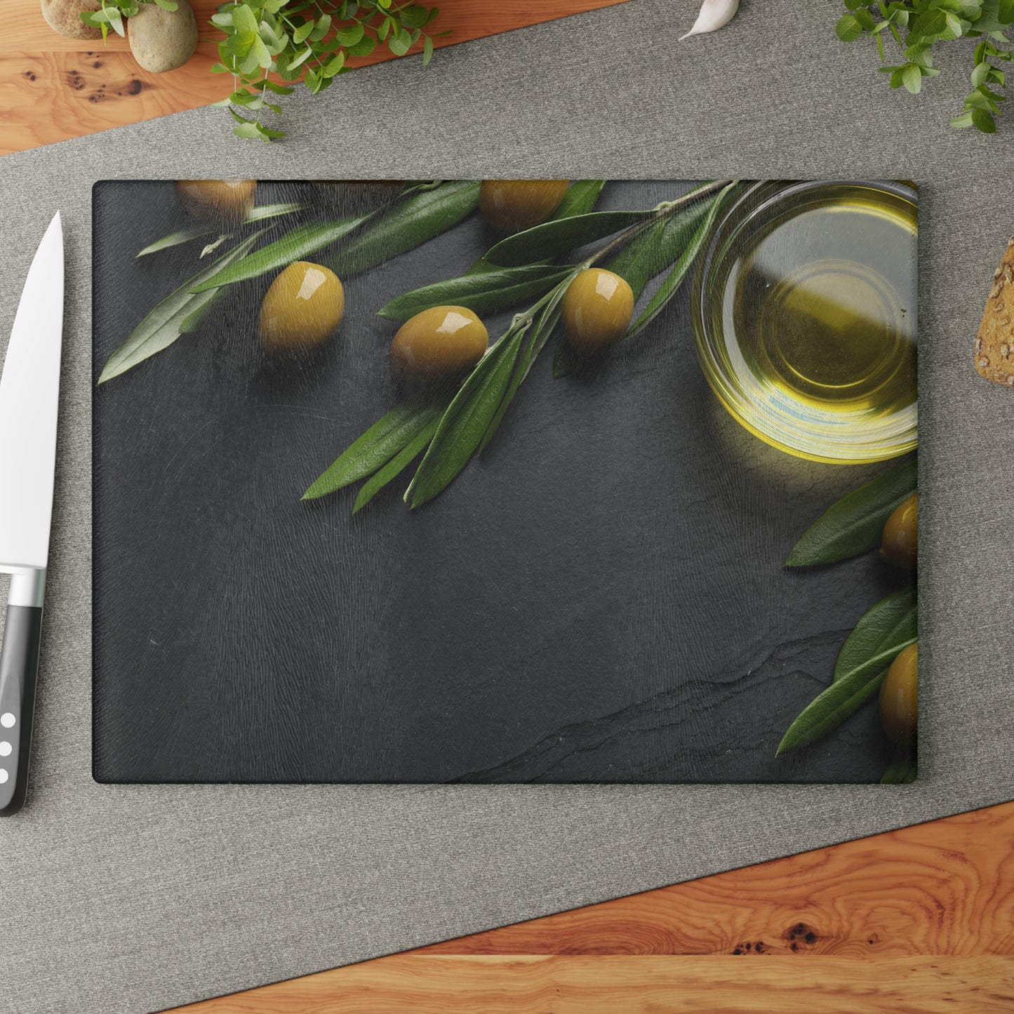 Kitchen Decor Glass Cutting Board Serving Tray with Olives and Olive Oil Design Cutting Board Gift for Home Cook Charcuterie Board