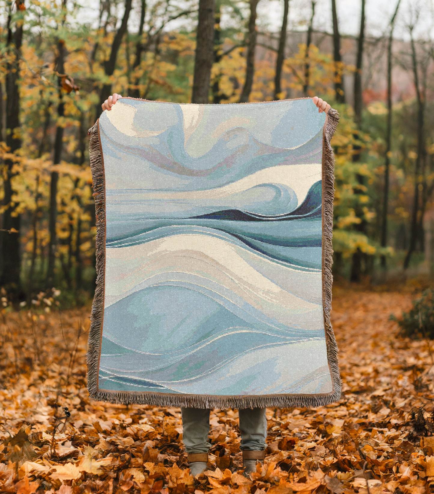 Wave Design Cozy Reading Throw for Book Lovers Cotton Woven Fringed Picnic Blanket Wall Art