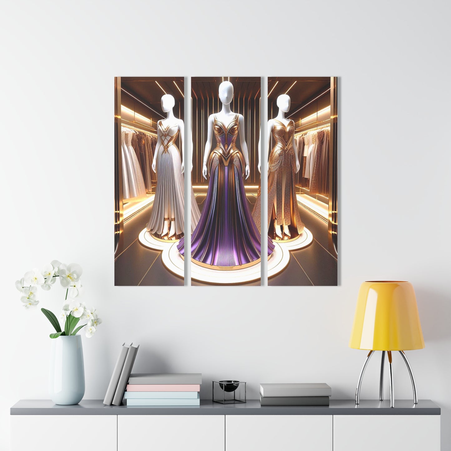 Modern Futuristic Fashion Dress Design Triptych 3-Panel Acrylic Print Wall Art Unique Haute Couture Fashionista Fantasy Style Decor