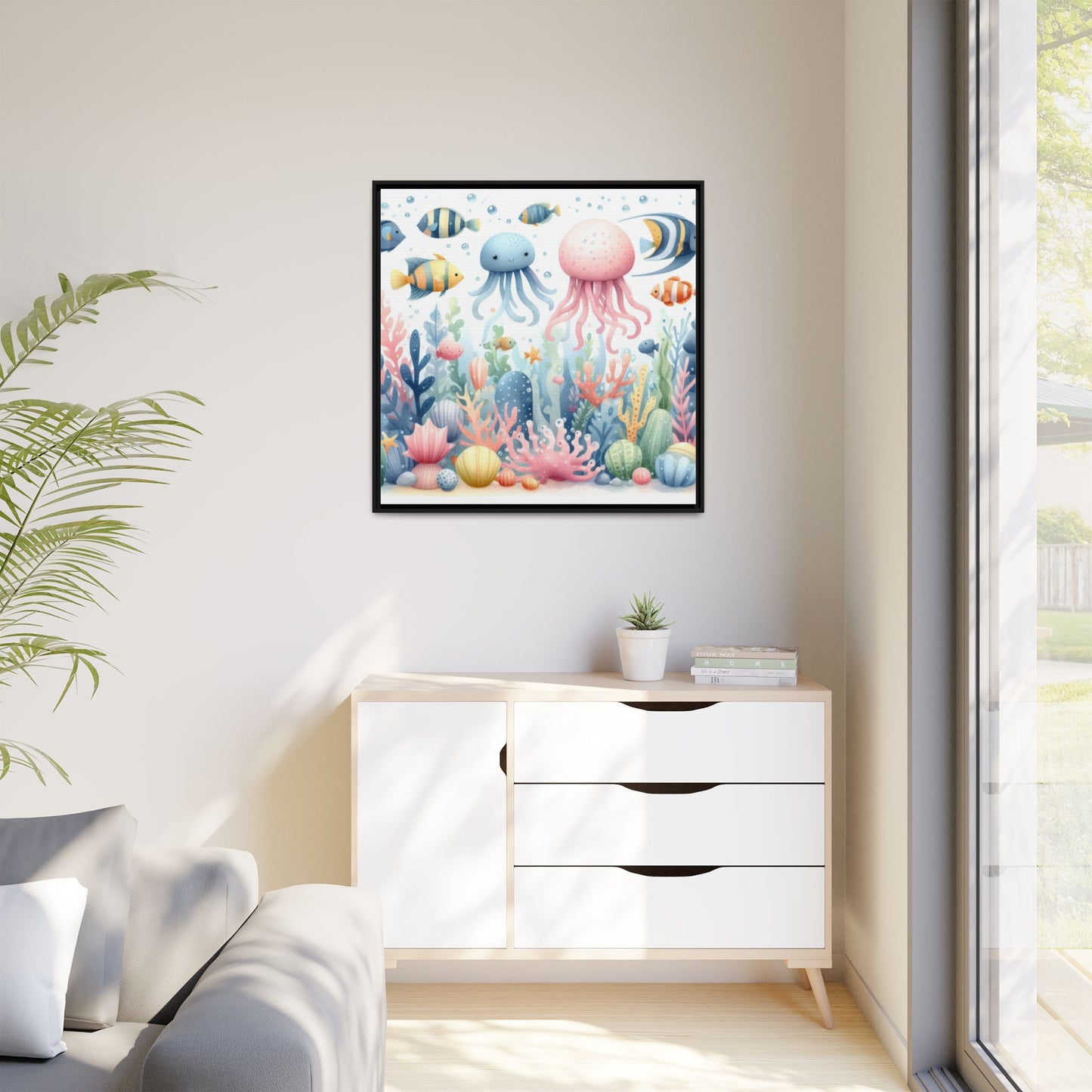 Whimsical Nursery Decor Pastel Underwater Design Unique Sweet Baby Room Framed Canvas Ocean Fish Print Unisex Baby Shower Octopus Gift