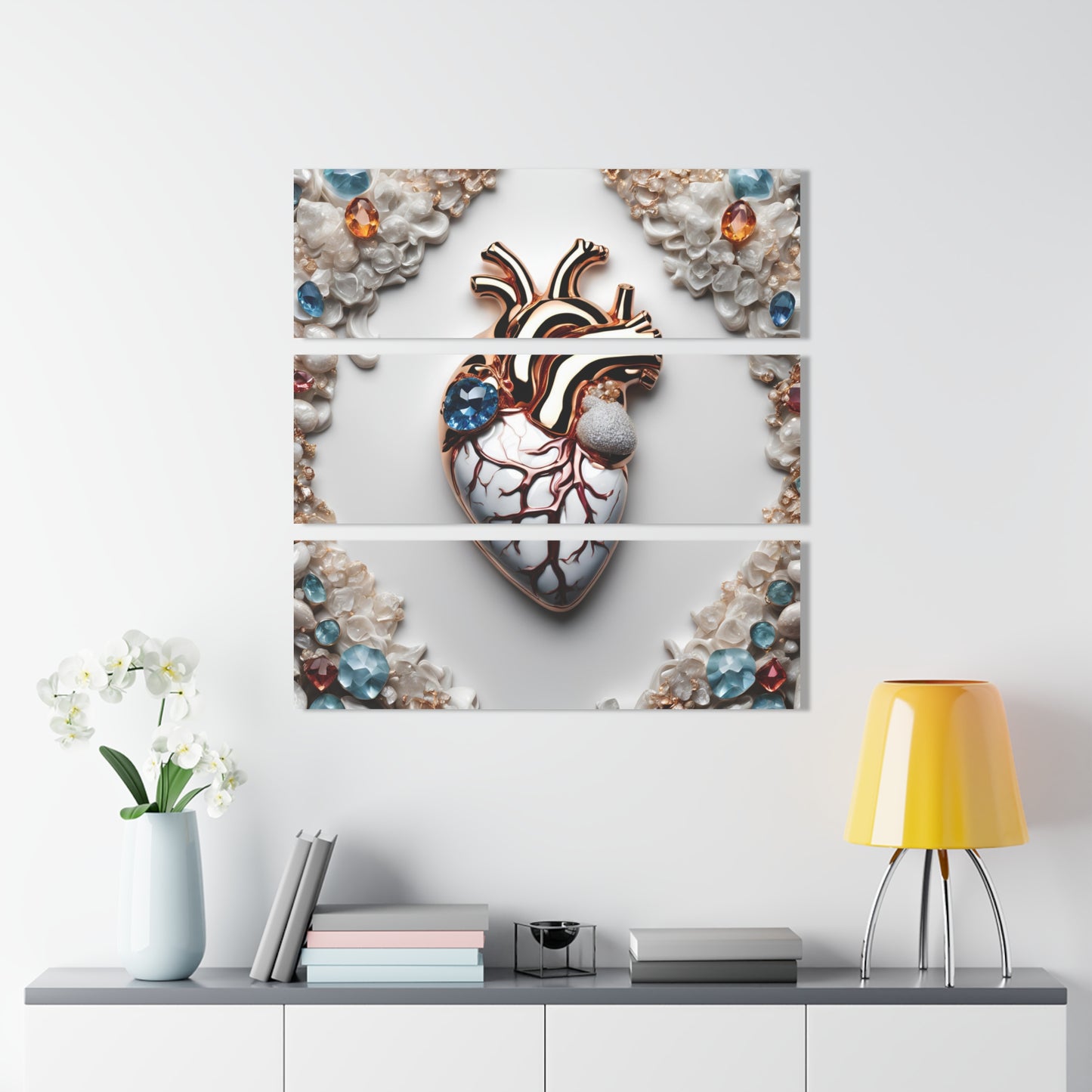 Heart Design Triptych Acrylic Print Wall Art Unique Bejeweled Cyberpunk Anatomical Heart Design