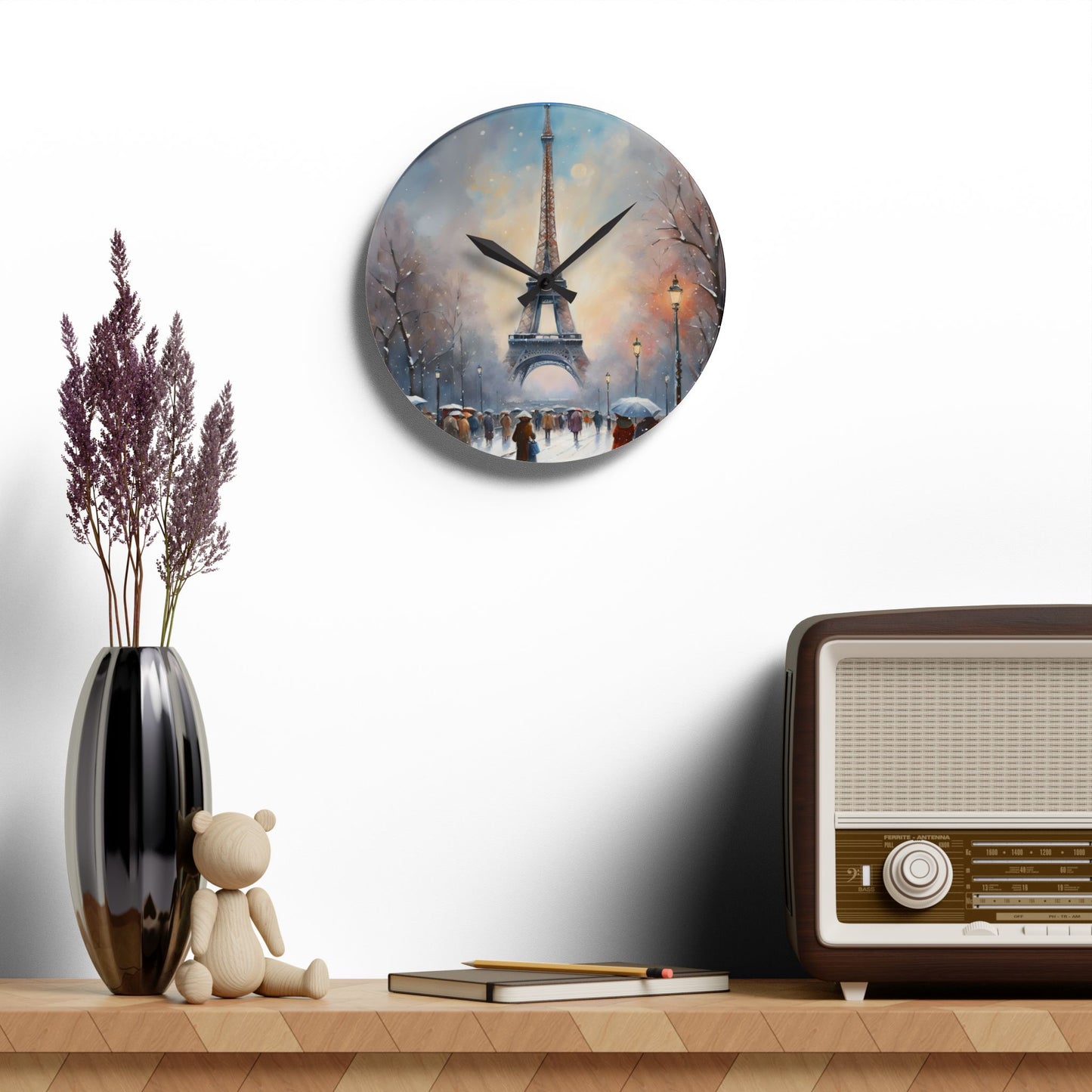 Eiffel Tower in Winter Acrylic Office Clock Unique Colorful Wall Clock Gift for International Traveller Paris Lover Gift