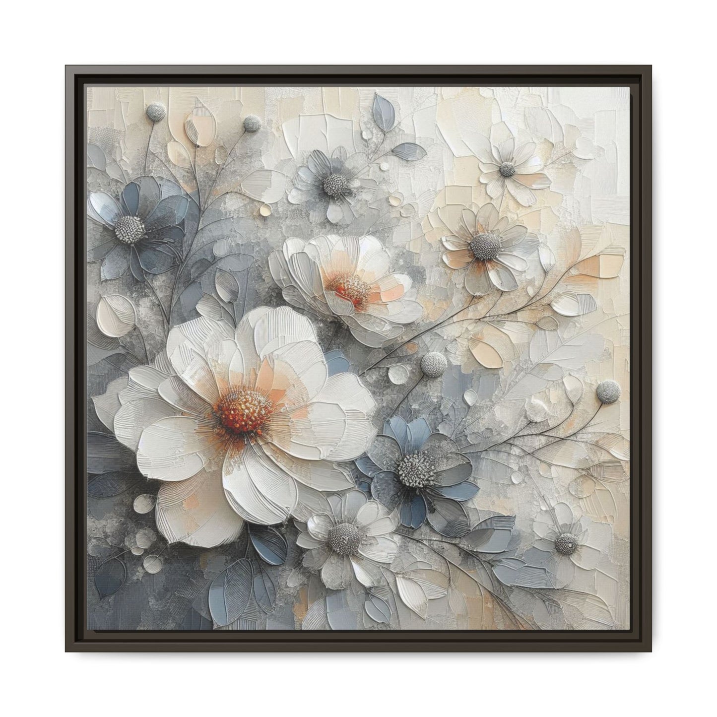 Modern Grey and White Floral Design Unique Framed Canvas Wall Art Flower Lover Gift Nature Lover Gift 3 frame colors