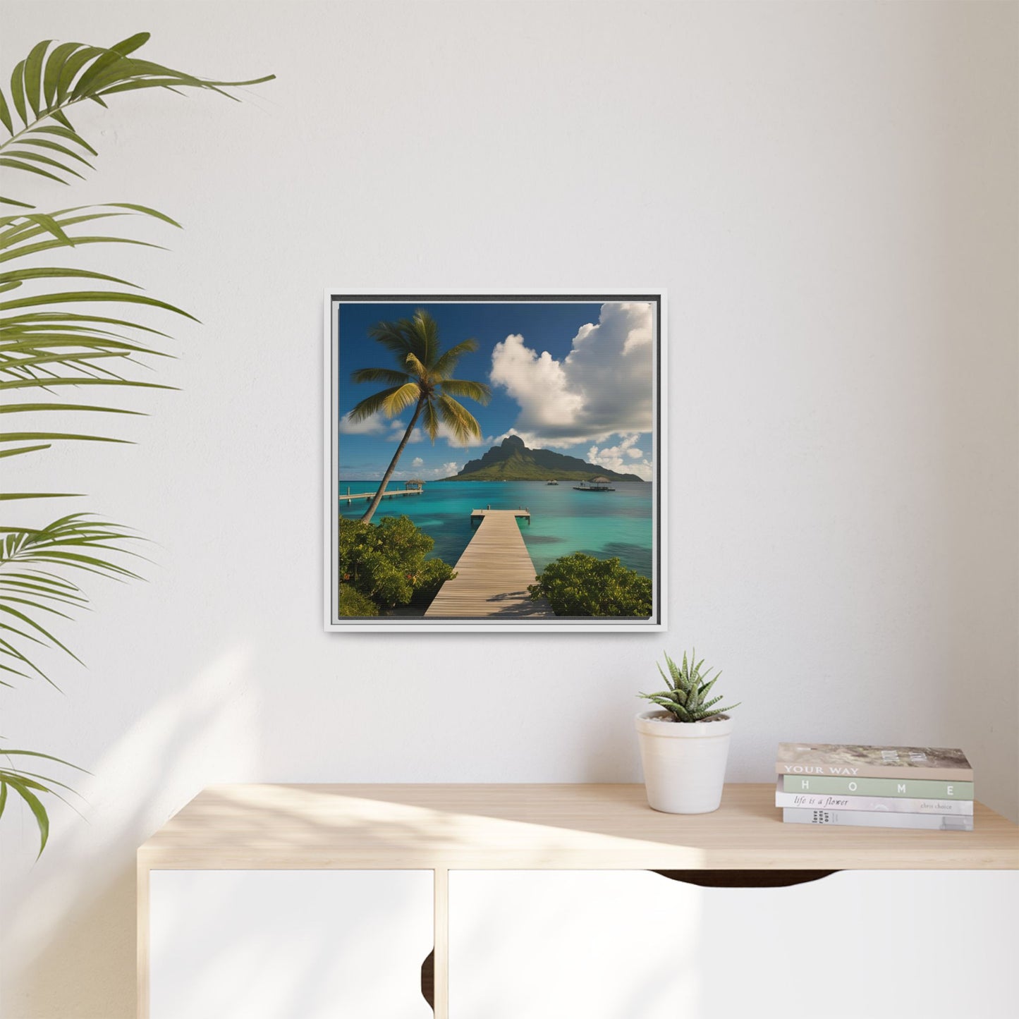 Tropical Island Calm Sunny Day Framed Canvas Wall Art Volcano Beach Vacation Oceanic Gift Nature Lover Peaceful Zen Gift 3 frame colors