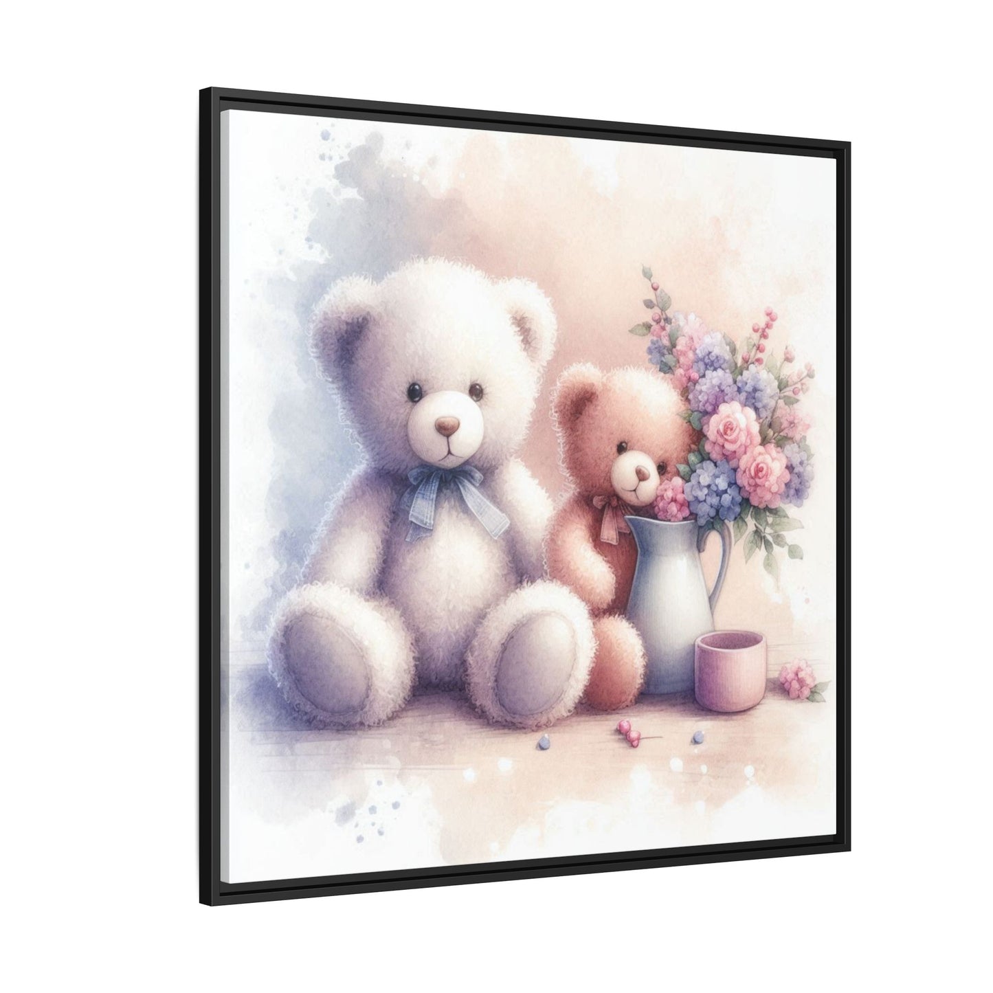 Whimsical Nursery Decor Pastel Floral Teddy Bear Design Wall Art Unique Sweet Baby Room Framed Canvas Print Unisex Baby Shower Gift