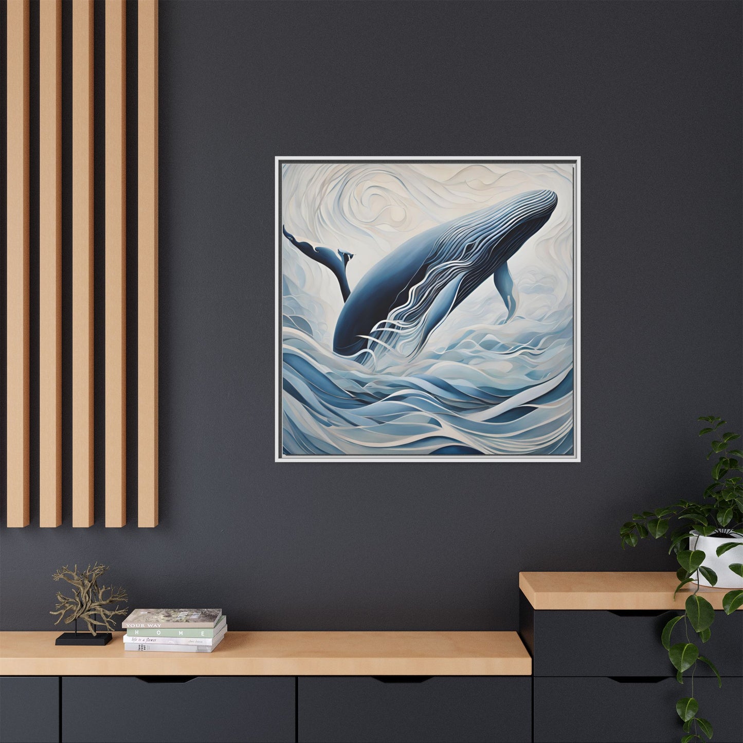 Modern Abstract Whale Wave Design Unique Framed Canvas Wall Art Ocean Beach Gift Nature Lover Gift Underwater Sea Lover Gift 3 frame colors