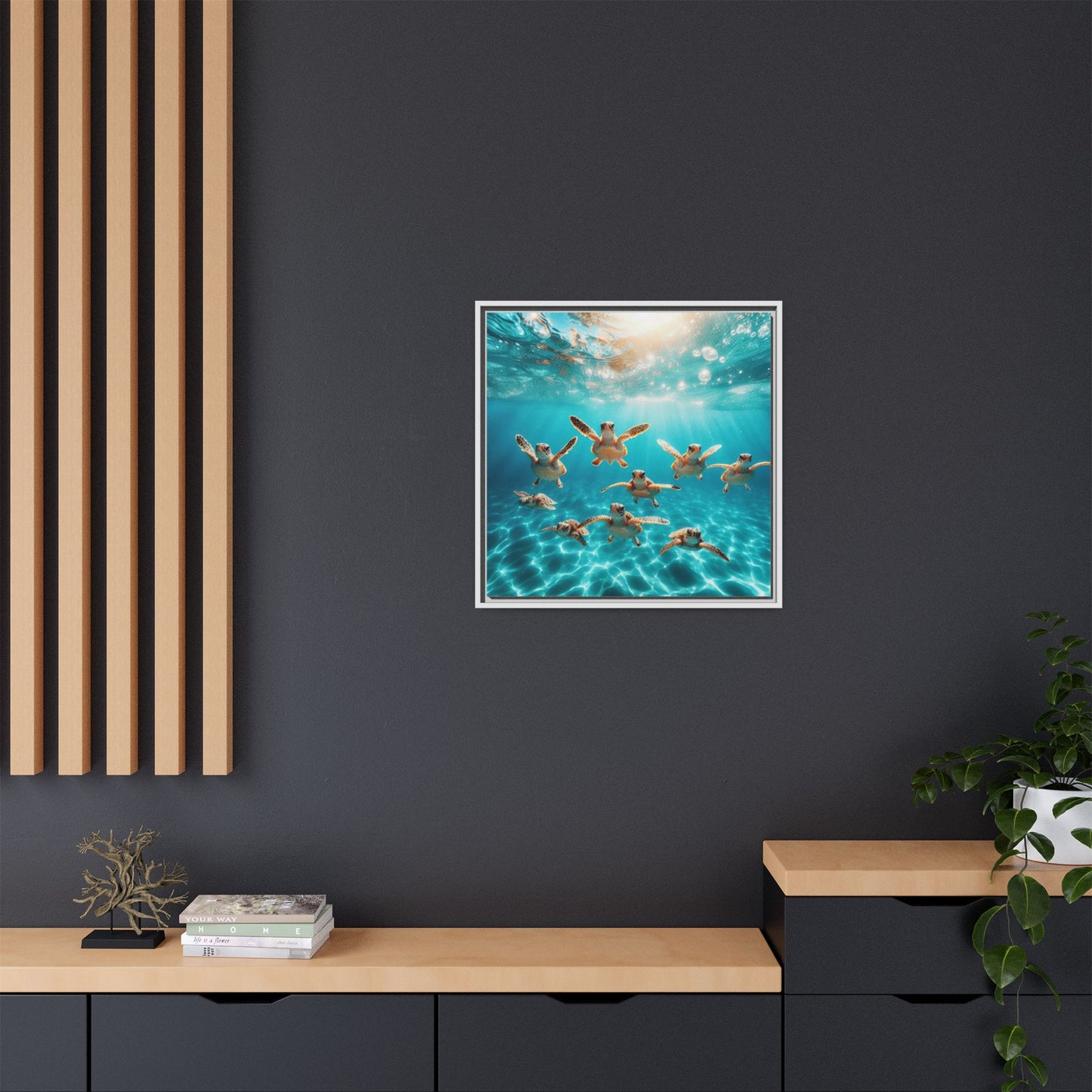 Baby Sea Turtles Out for a Swim Framed Canvas Wall Art Beach Lover Vacation Oceanic Gift Nature Lover Peaceful Zen Gift 3 frame colors