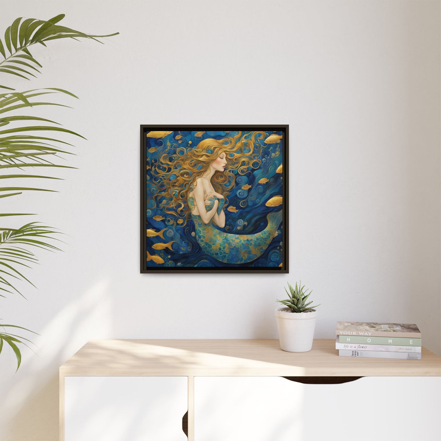 Modern Abstract Mermaid Design Unique Framed Canvas Oceanic Wall Art Underwater Gold Fish Anime Gift Nature Lover Gift 3 frame colors