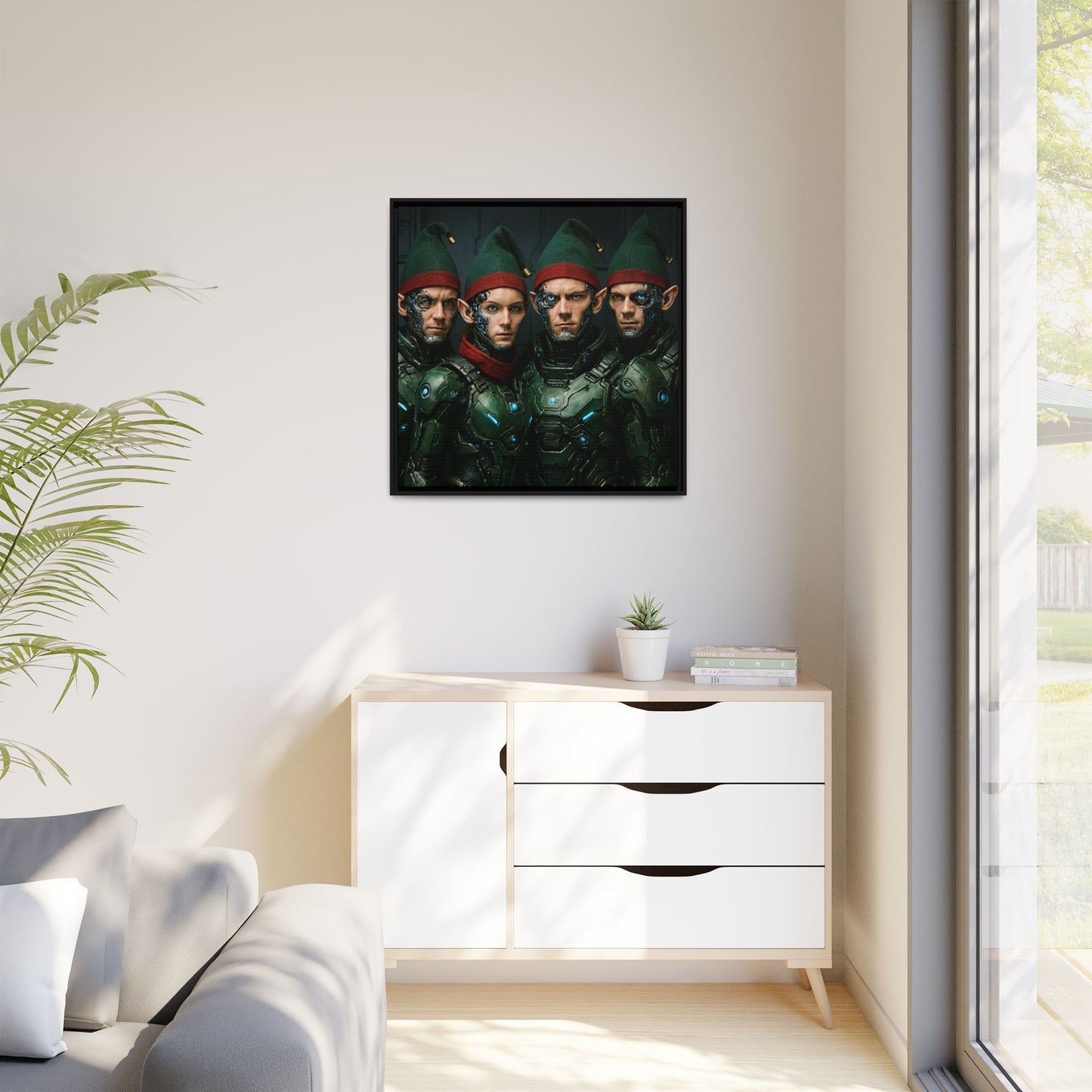 Cyber-Elves Print Modern AI Elf Design Unique Framed Canvas Sci-Fi Print Funny Christmas Elf Wall Art Gamer Gift Decor 3 frame colors