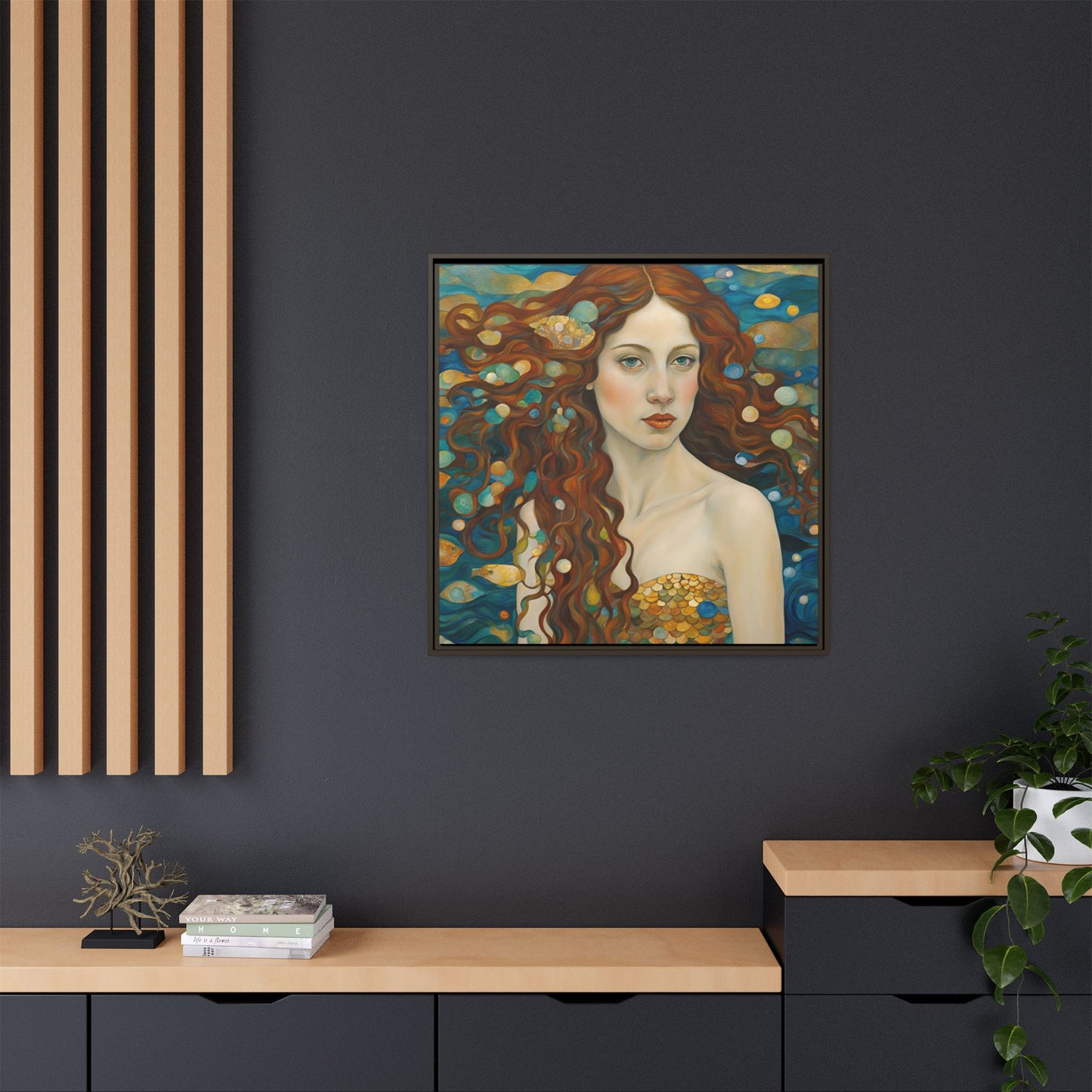 Modern Abstract Mermaid Design Unique Framed Canvas Oceanic Wall Art Underwater Gold Fish Anime Gift Nature Lover Gift 3 frame colors
