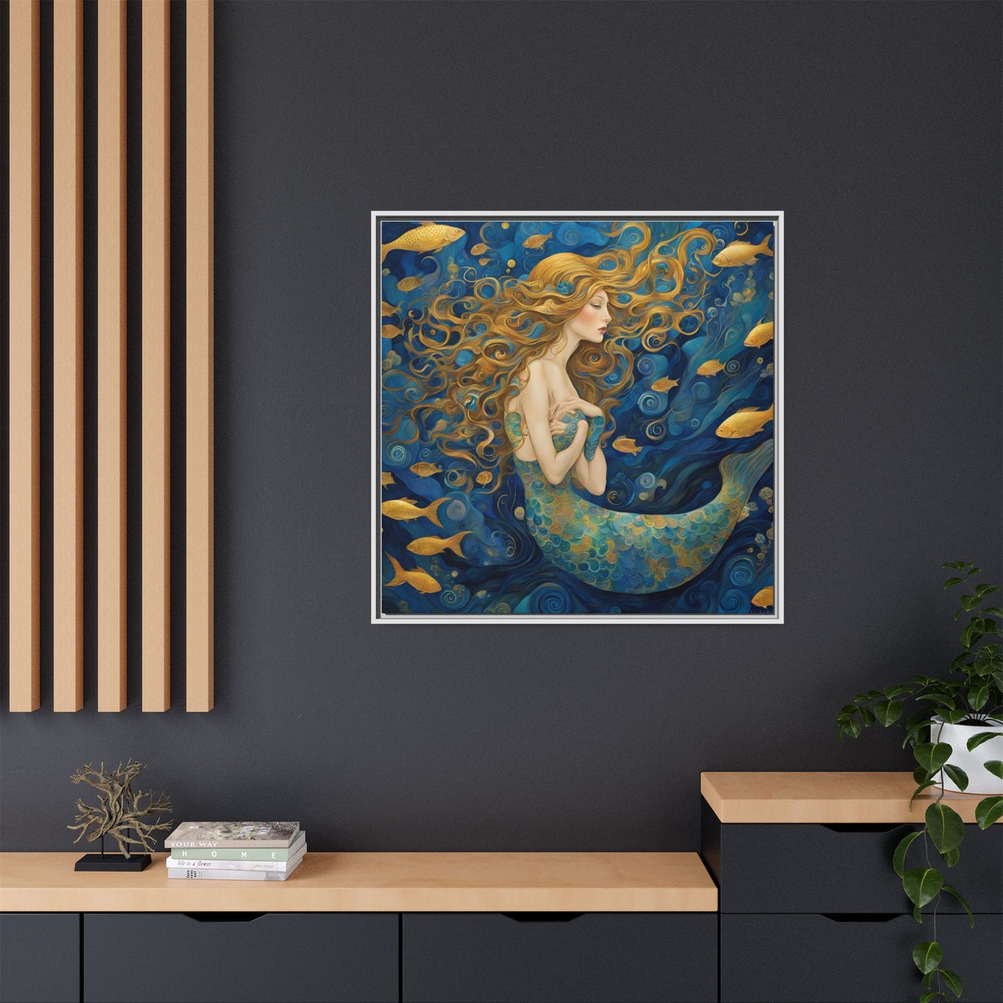 Modern Abstract Mermaid Design Unique Framed Canvas Oceanic Wall Art Underwater Gold Fish Anime Gift Nature Lover Gift 3 frame colors