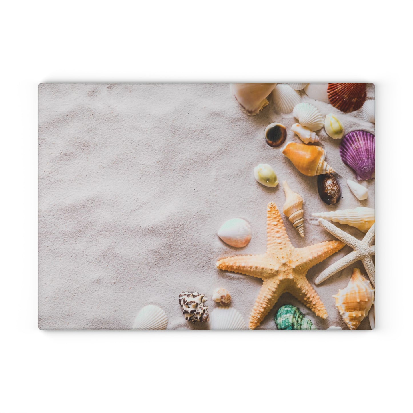Beachy Kitchen Decor Glass Cutting Board Serving Tray with Shells and Star Fish Cutting Board Gift for Home Cook Fun Charcuterie Board