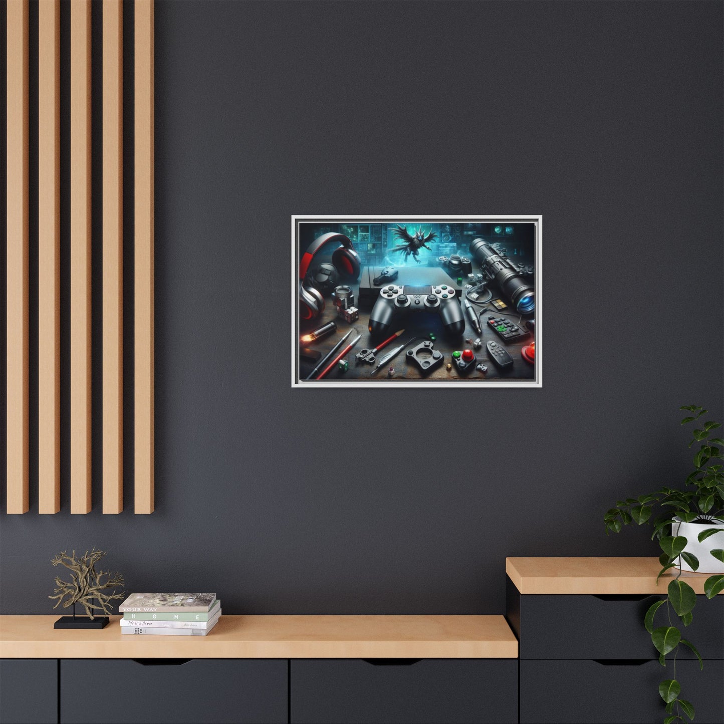 Gamer Themed Unique Framed AI Canvas Print Wall Art Video Game Lover Futuristic Digital Style Gift Cyber Geek Matrix Decor 3 frame colors