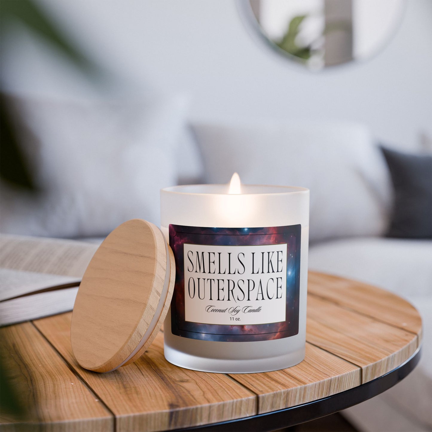 Artisanal Coconut Soy Frosted Glass Candle with Wooden Wick and Raw Maple Lid 11 oz Hand Poured Celestial Outerspace Sci-Fi Space Gift