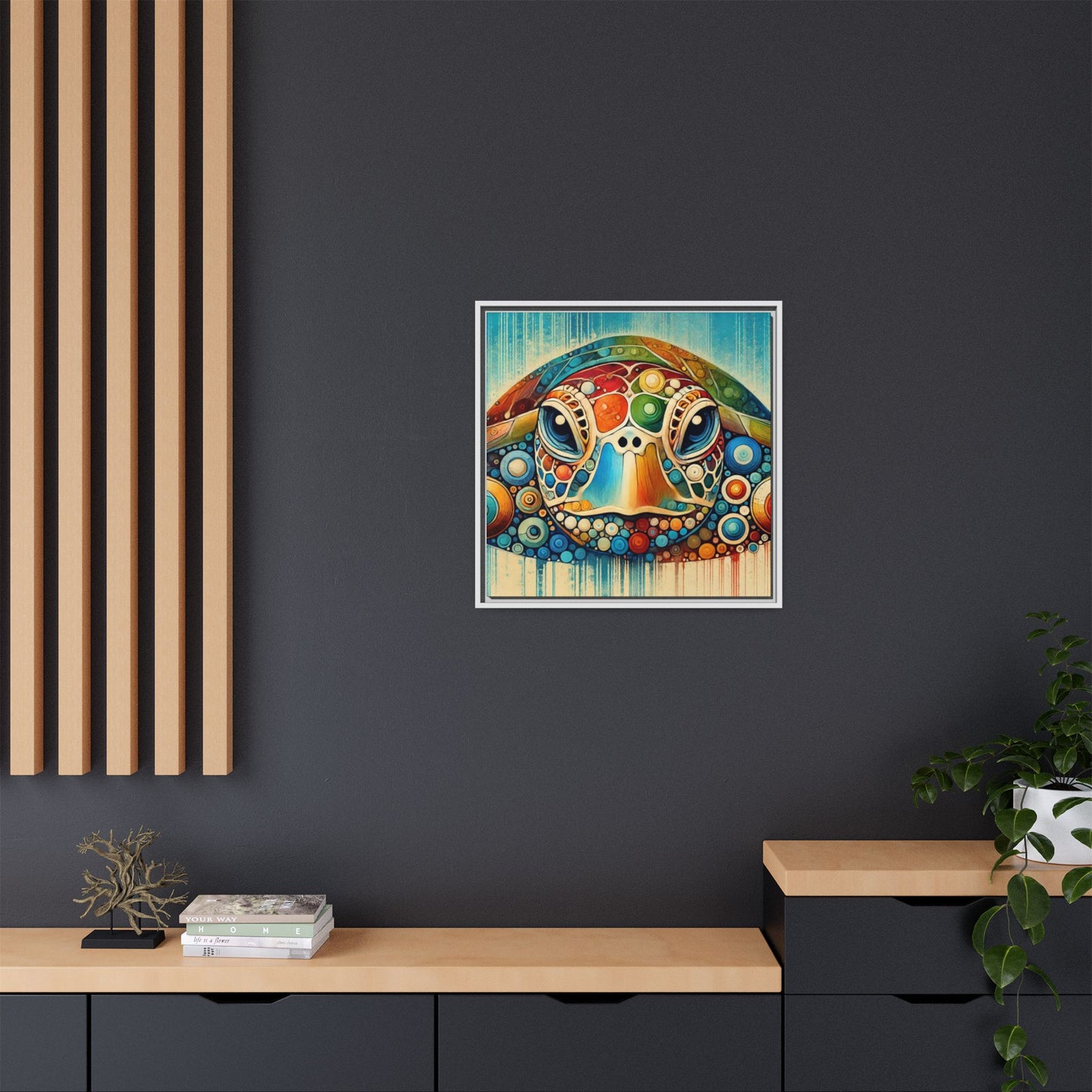 Modern Sea Turtle Print Abstract Design Unique Framed Canvas Print Oceanic Beachy Wall Art Animal Lover Nature Lover Decor 3 frame colors