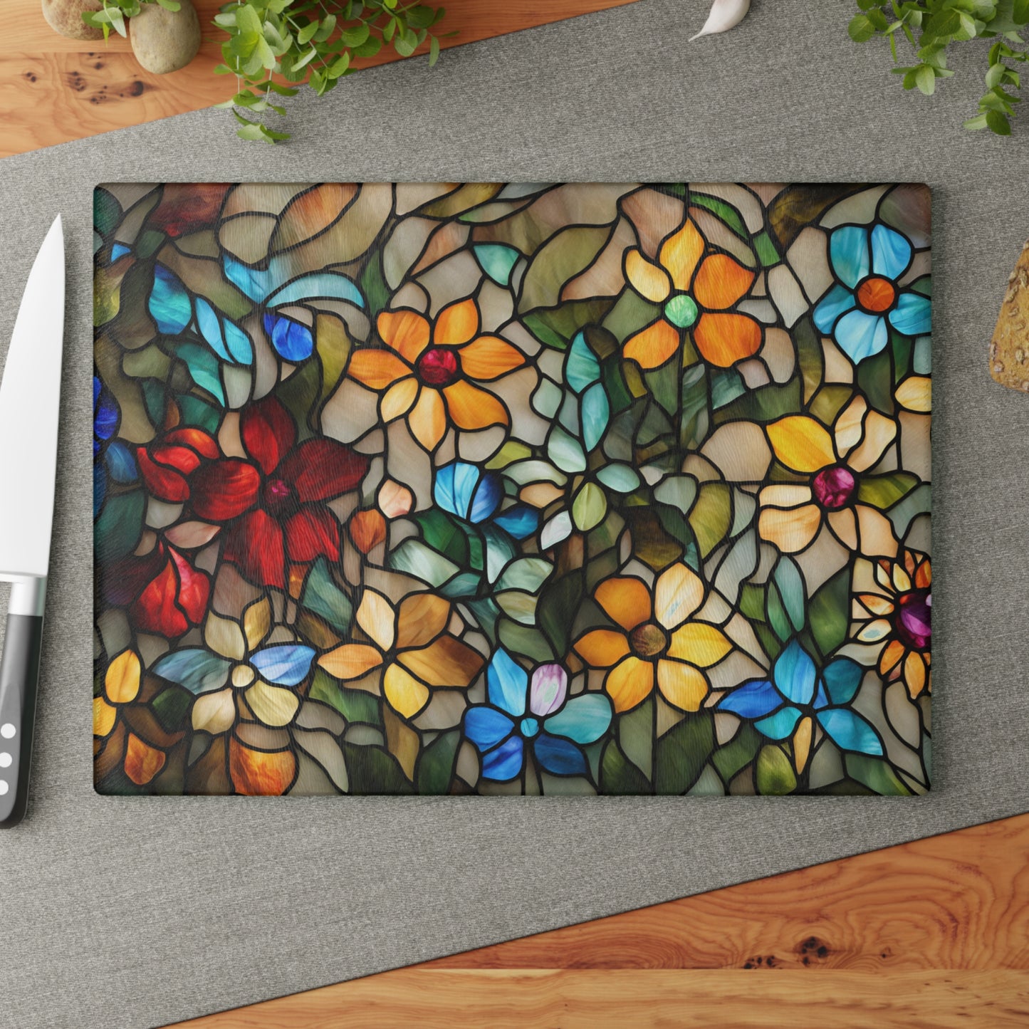 Floral Kitchen Decor Glass Cutting Board Serving Tray with Daisy Design Cutting Board Gift for Home Cook Floral Charcuterie Board