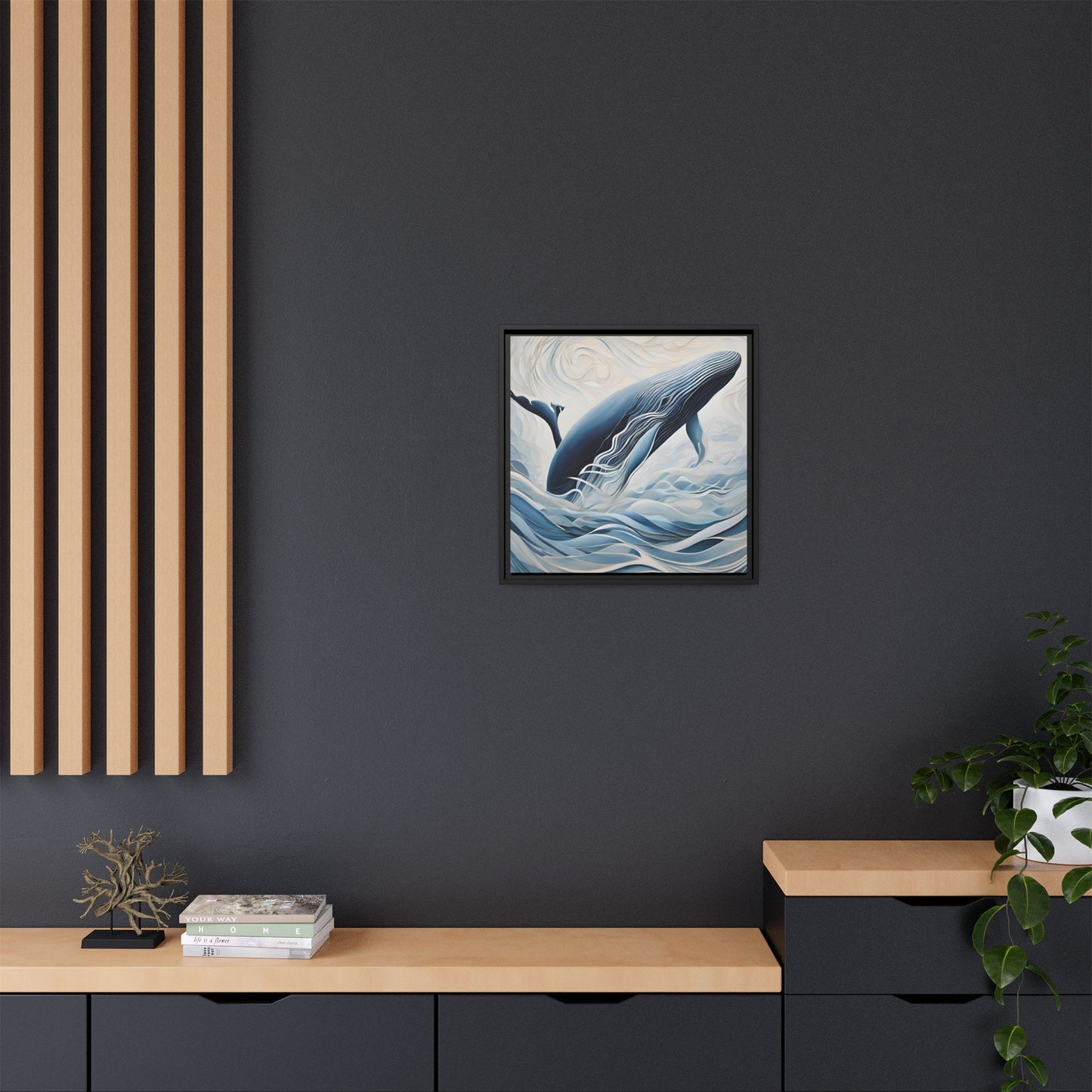 Modern Abstract Whale Wave Design Unique Framed Canvas Wall Art Ocean Beach Gift Nature Lover Gift Underwater Sea Lover Gift 3 frame colors