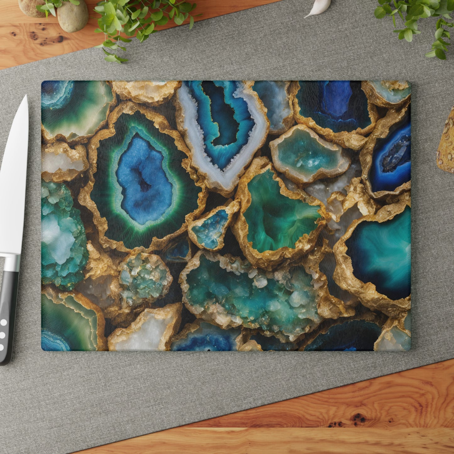 Kitchen Decor Glass Geode-Themed Image Unique Rock Lover Cutting Board Serving Tray Home Cook Gift Colorful Glass Charcuterie Board