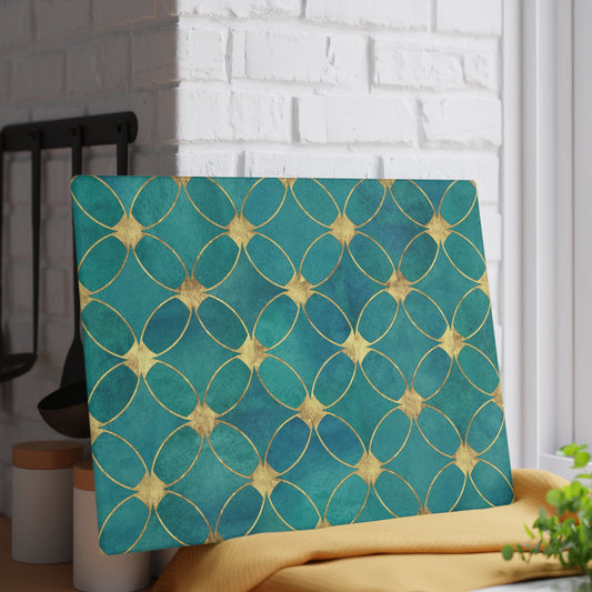 Colorful Kitchen Decor Glass Cutting Board Serving Tray with Geometric Design Cutting Board Gift for Home Cook Fun Glass Charcuterie Board