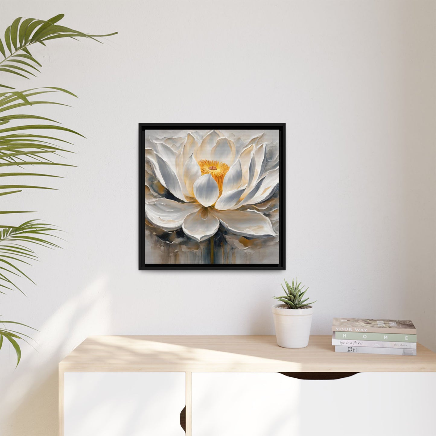 Modern Abstract Floral Design Unique Framed Canvas Wall Art White Lotus Gift Nature Lover Gift Garden Lover Gift 3 frame colors