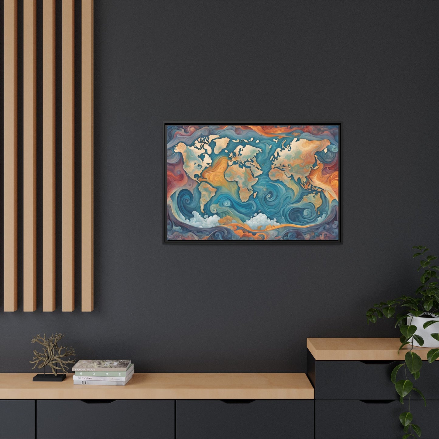 Modern Swirl Art Style Colorful Global World Map Print Matte Canvas Wall Art 3 frame colors to choose from