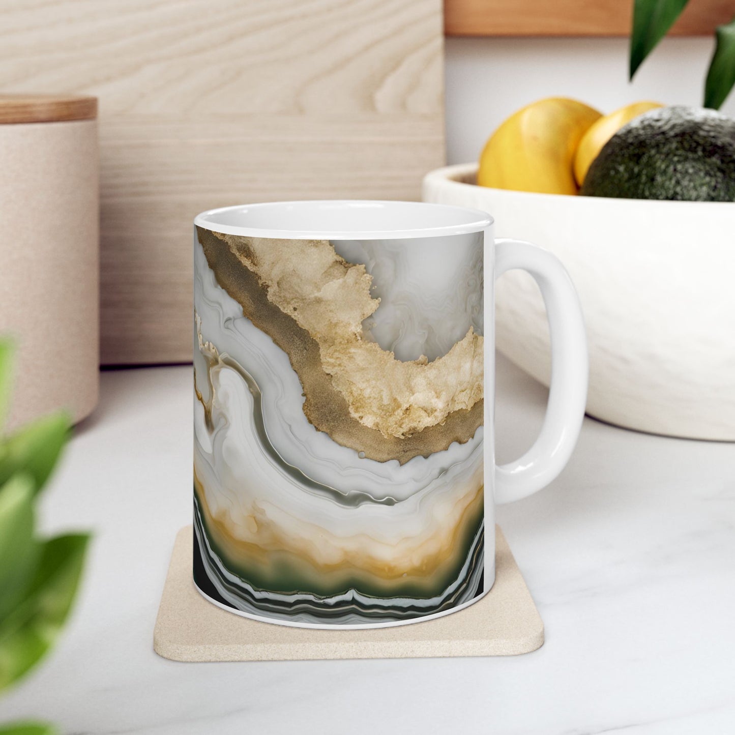 Black, White, Emerald Green and Gold Crystal Marble Design Coffee Tea Mug Boho Gemologist Gift Nature Lover Marble Rock Agate Geology Gift