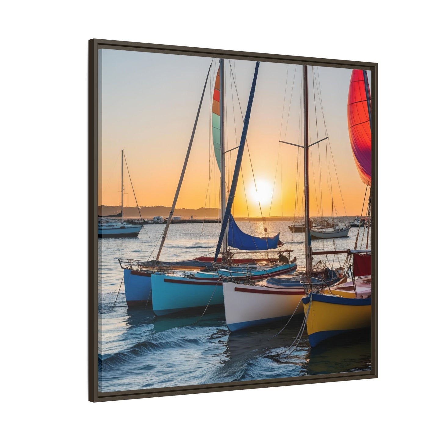 Sailboats at Sunset in Harbor Framed Canvas Wall Art Beach Lover Vacation Oceanic Gift Nature Lover Peaceful Zen Sunrise Art 3 frame colors
