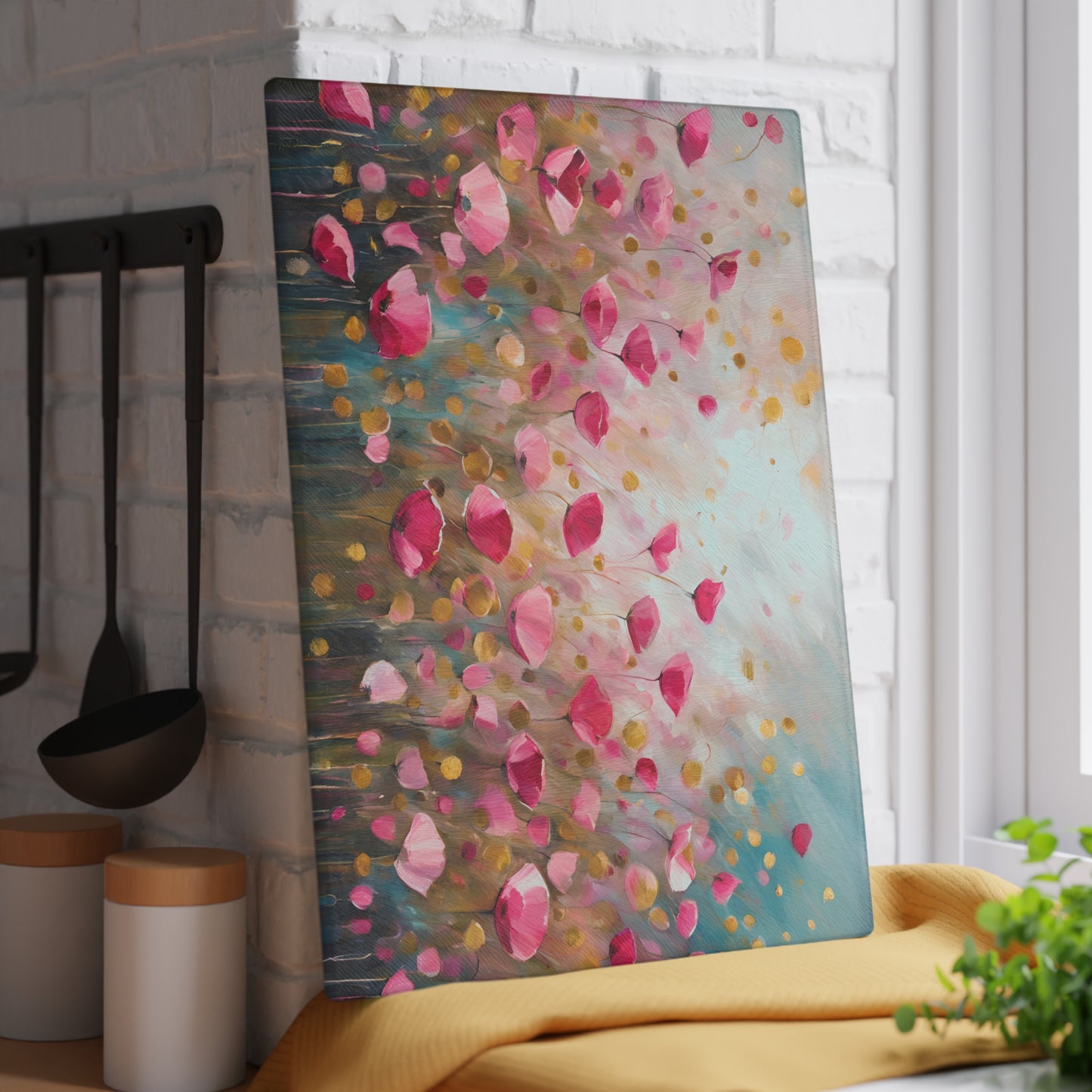Kitchen Decor Glass Cutting Board Serving Tray with Field of Flowers Pattern Cutting Board Gift for Home Cook Charcuterie Board