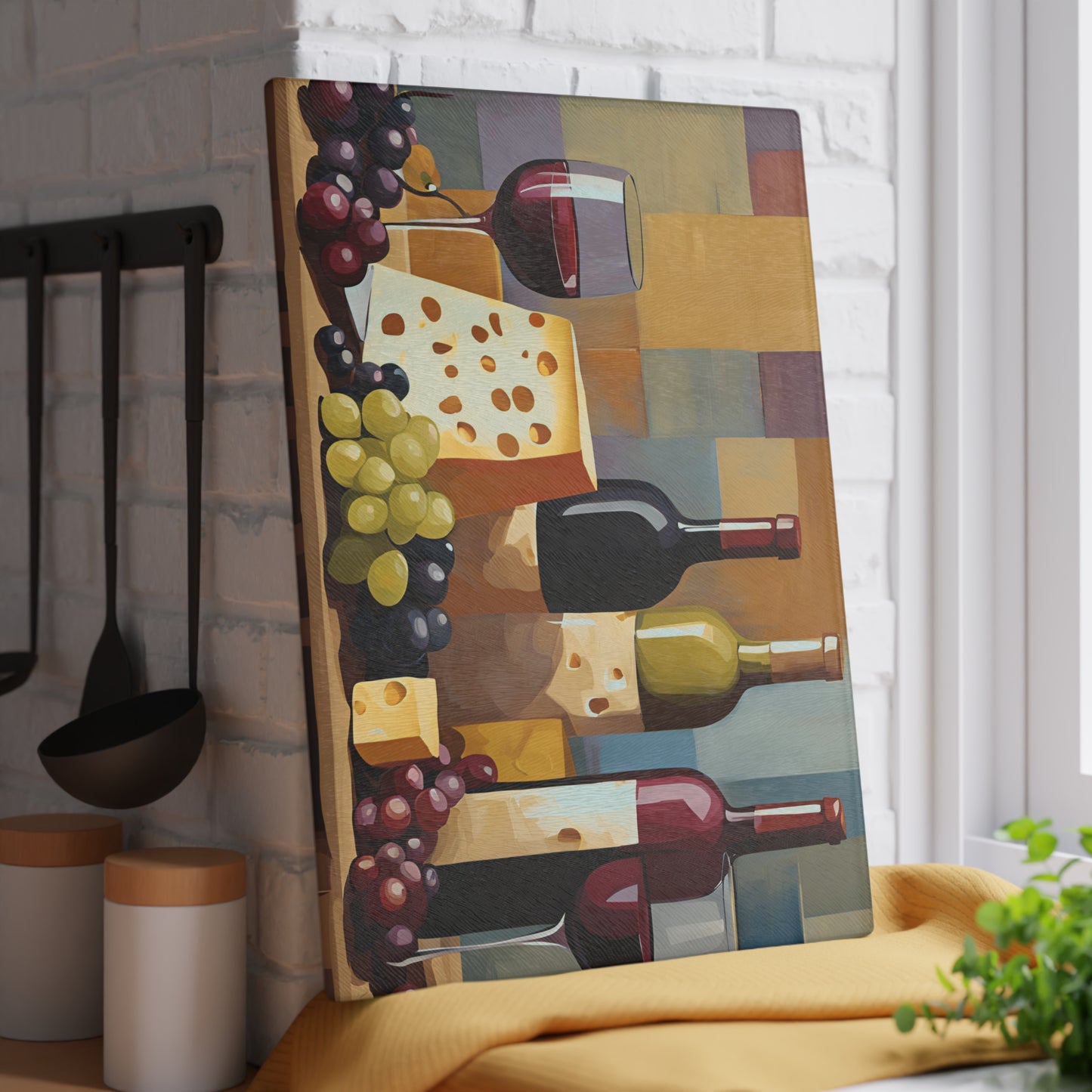 Kitchen Decor Glass Cutting Board Serving Tray with Wine and Cheese Design Cutting Board Gift for Home Cook Charcuterie Board