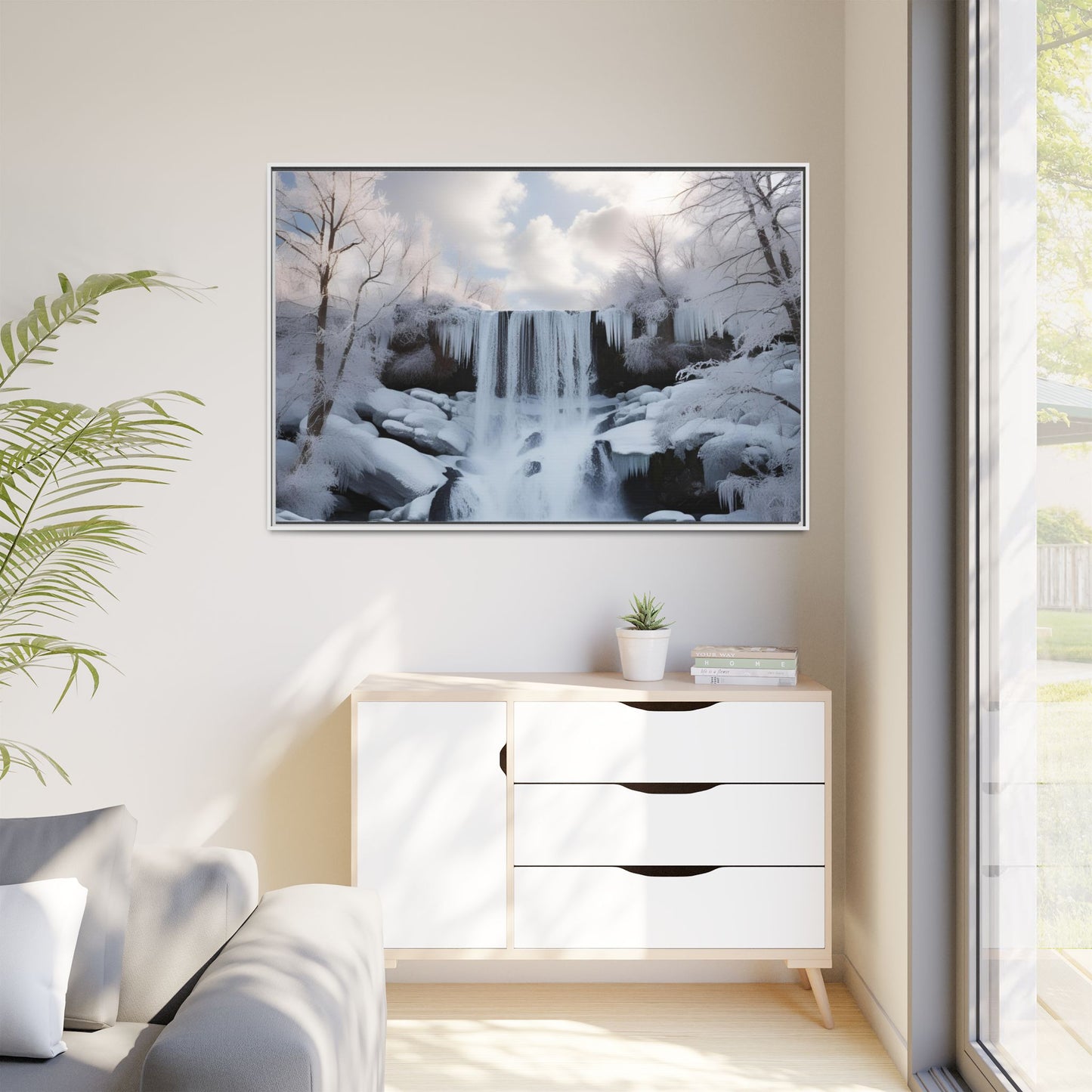 Modern Snowy Waterfall Design Unique Framed Canvas Wall Art Winter Scene Nature Lover Gift Mountain Landscape Decor Gift 3 frame colors