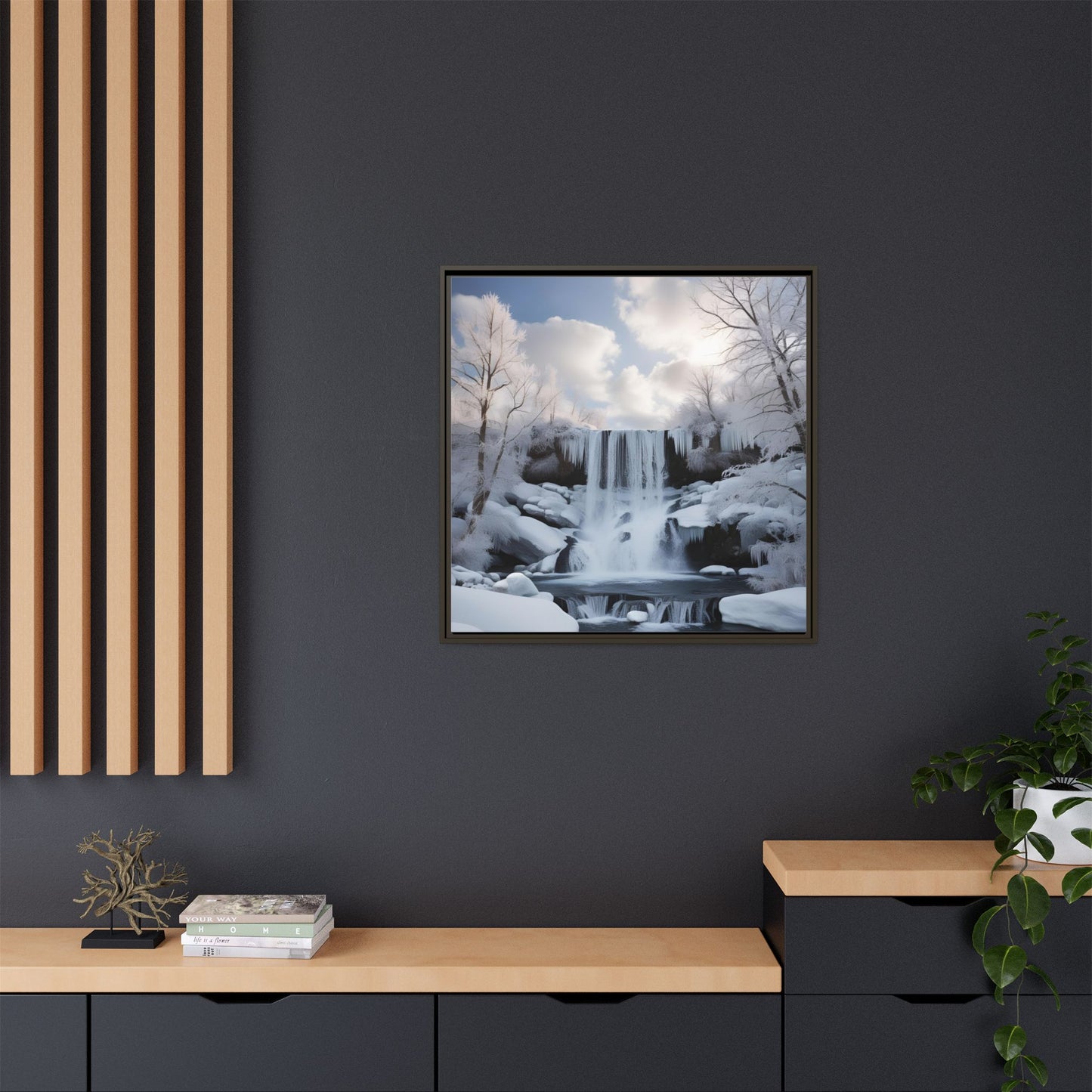 Modern Snowy Waterfall Design Unique Framed Canvas Wall Art Winter Scene Nature Lover Gift Mountain Landscape Decor Gift 3 frame colors