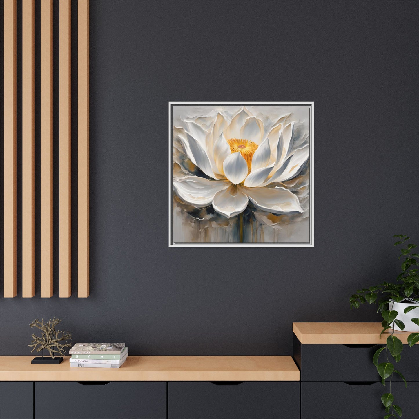 Modern Abstract Floral Design Unique Framed Canvas Wall Art White Lotus Gift Nature Lover Gift Garden Lover Gift 3 frame colors