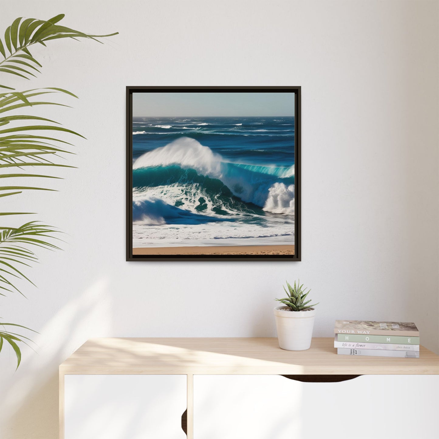 Peaceful Ocean Waves at the Beach Calm Sunny Day Framed Canvas Wall Art Vacation Oceanic Gift Nature Lover Zen Decor Gift 3 frame colors