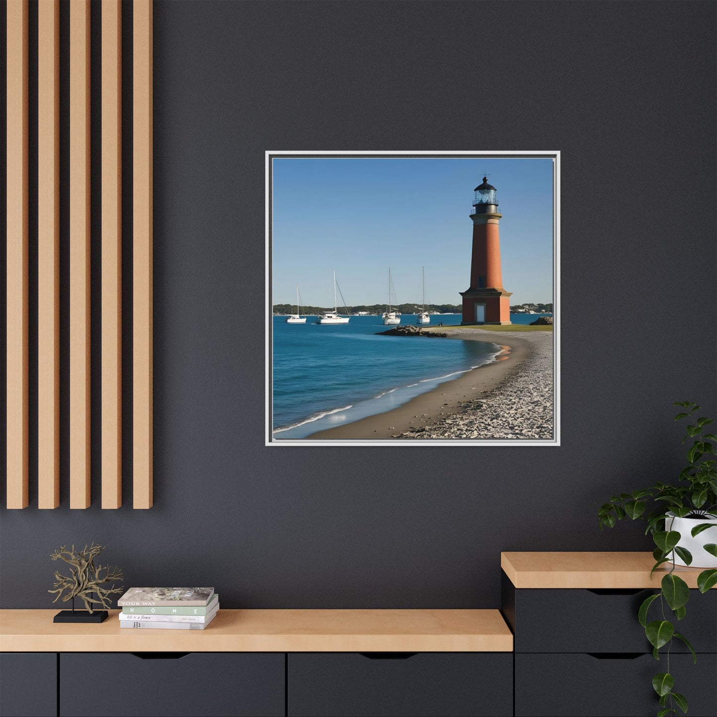 Lighthouse on the Beach Unique Framed Canvas Print Wall Art Nature Lover Gift Beachy Sailboats in the Ocean Vacation Decor 3 frame colors