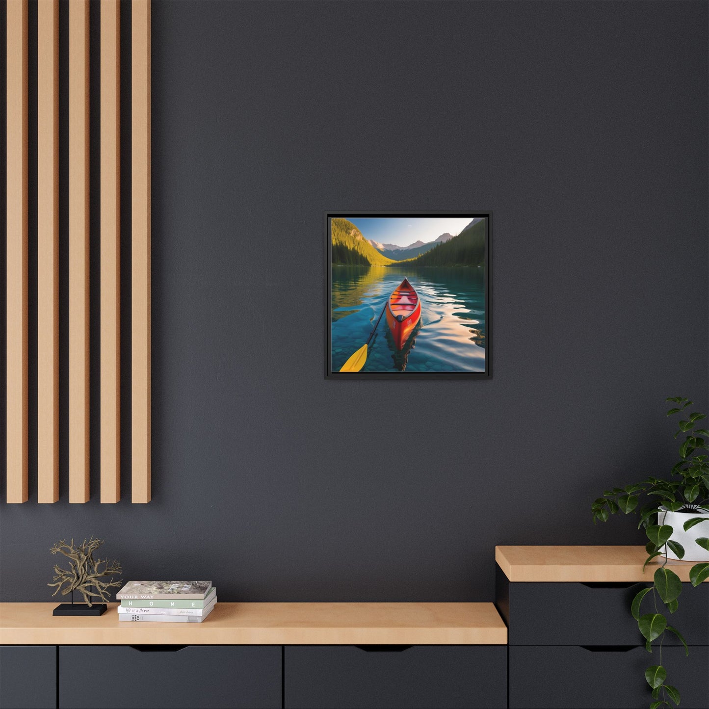 Canoe in the River Framed Canvas Wall Art Mountain Lover Outdoorsman Vacation Kayak Gift Nature Lover Peaceful Zen Gift 3 frame colors
