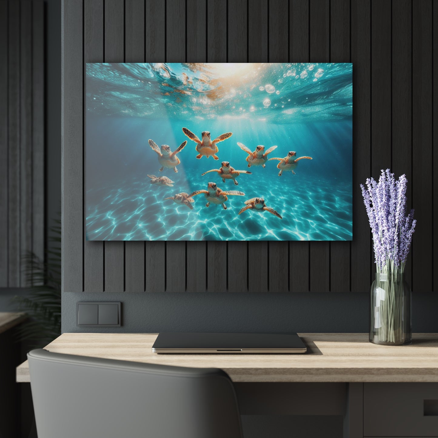 Baby Sea Turtles Out for a Swim Acrylic Print with French Cleat Sea Life Wall Art Underwater Beachy Nature Relaxing Ocean Modern Home Decor