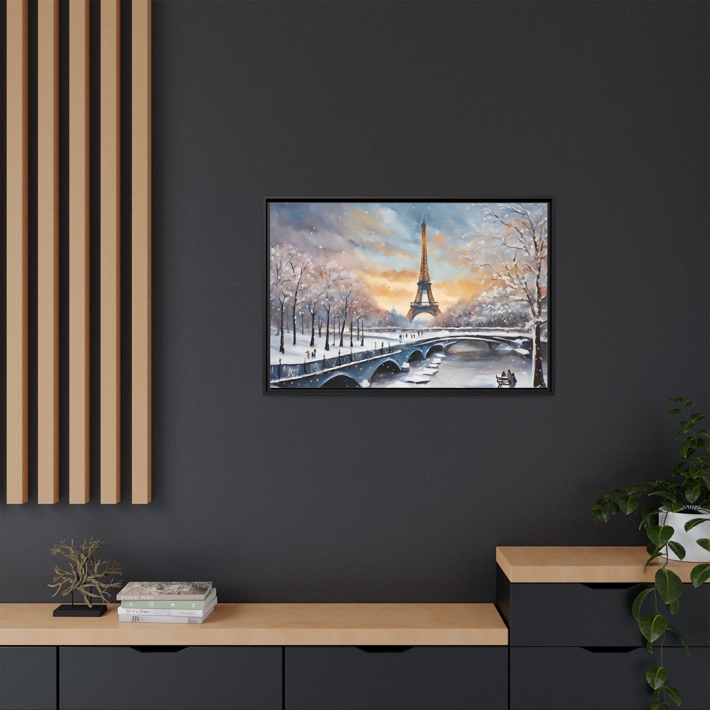 Eiffel Tower in Winter Print Wall Art Matte Stretched Canvas Paris Lover Gift Winter in France, 3 frame colors to choose from