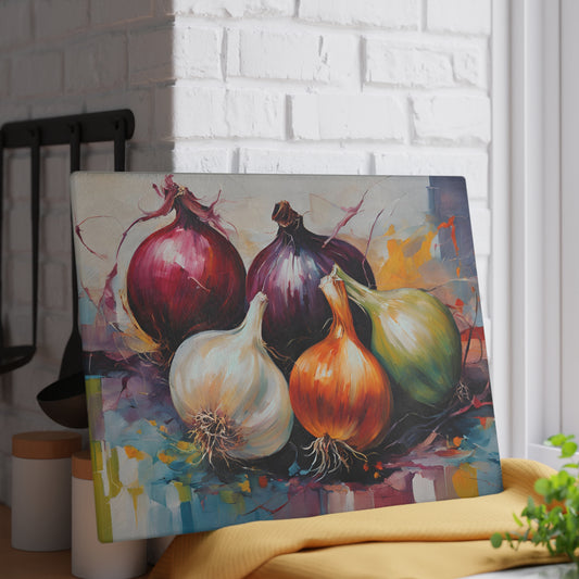 Kitchen Decor Glass Cutting Board Serving Tray Colorful Onions Design Cutting Board Gift for Home Cook Charcuterie Board