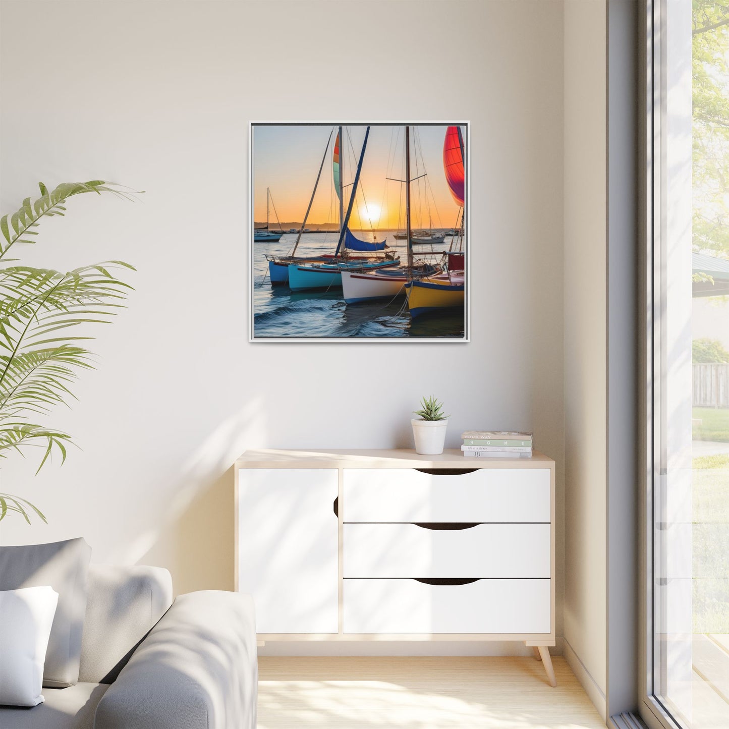Sailboats at Sunset in Harbor Framed Canvas Wall Art Beach Lover Vacation Oceanic Gift Nature Lover Peaceful Zen Sunrise Art 3 frame colors