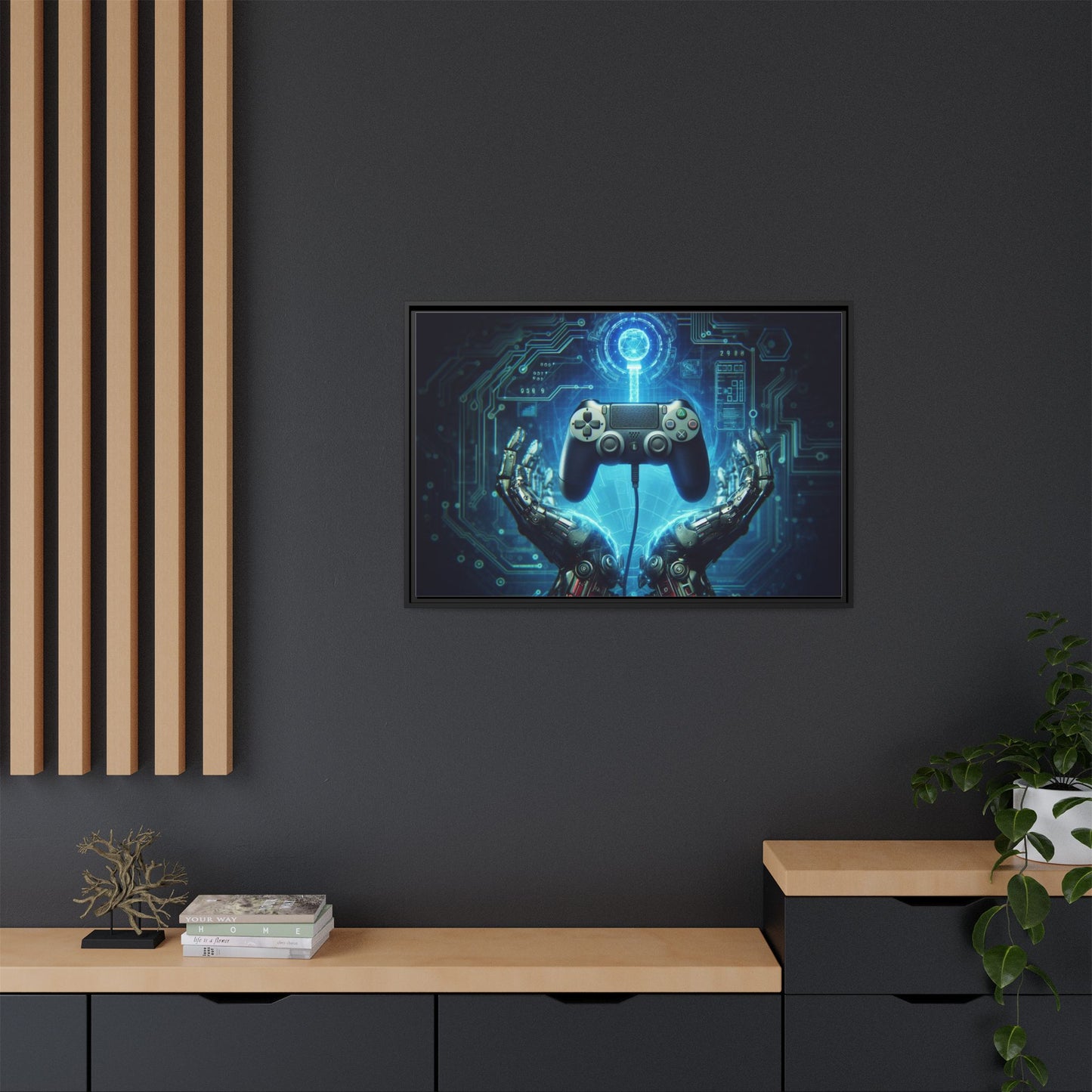 Gamer Themed Unique Framed AI Canvas Print Wall Art Video Game Lover Futuristic Digital Style Gift Cyber Geek Matrix Decor 3 frame colors