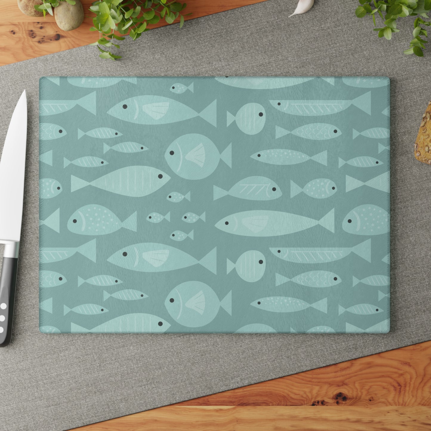 Beachy Kitchen Decor Glass Cutting Board Serving Tray with Fish Design Cutting Board Gift for Home Cook Fun Seafood Charcuterie Board