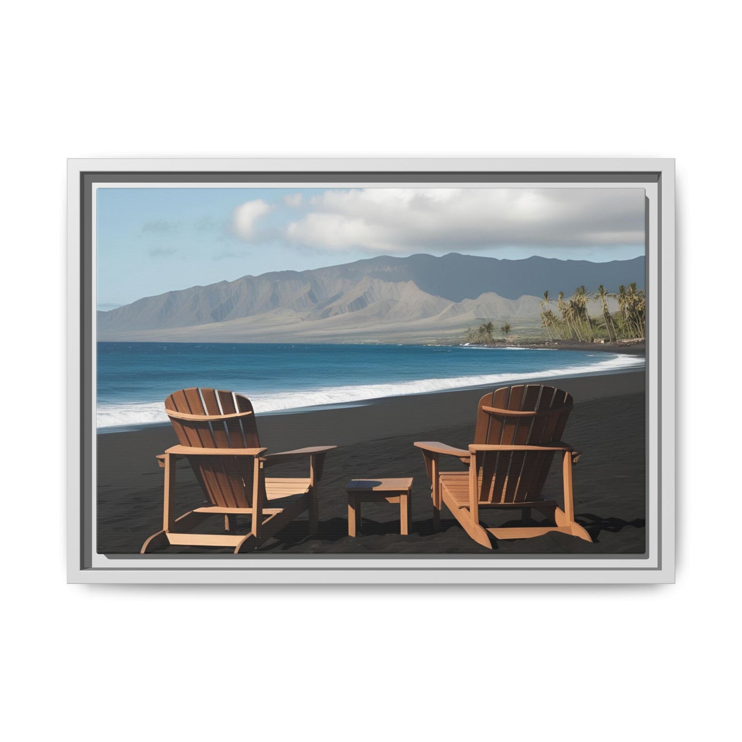 Chairs on the Maui Black Sand Beach Print Unique Framed Canvas Print Wall Art Gift Beachy Nature Lover Ocean Waves Decor 3 frame colors