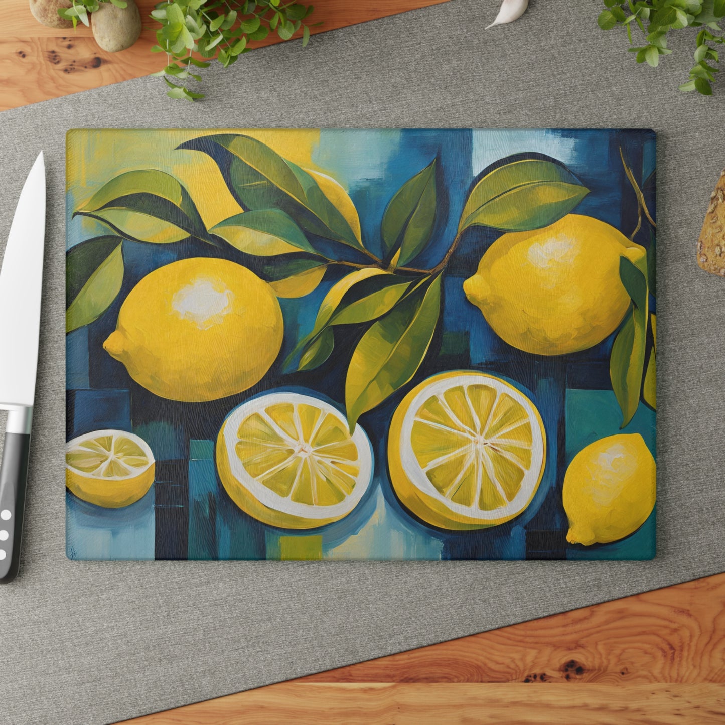 Kitchen Decor Glass Cutting Board Serving Tray with Modern Lemon Pattern Cutting Board Gift for Home Cook Charcuterie Board