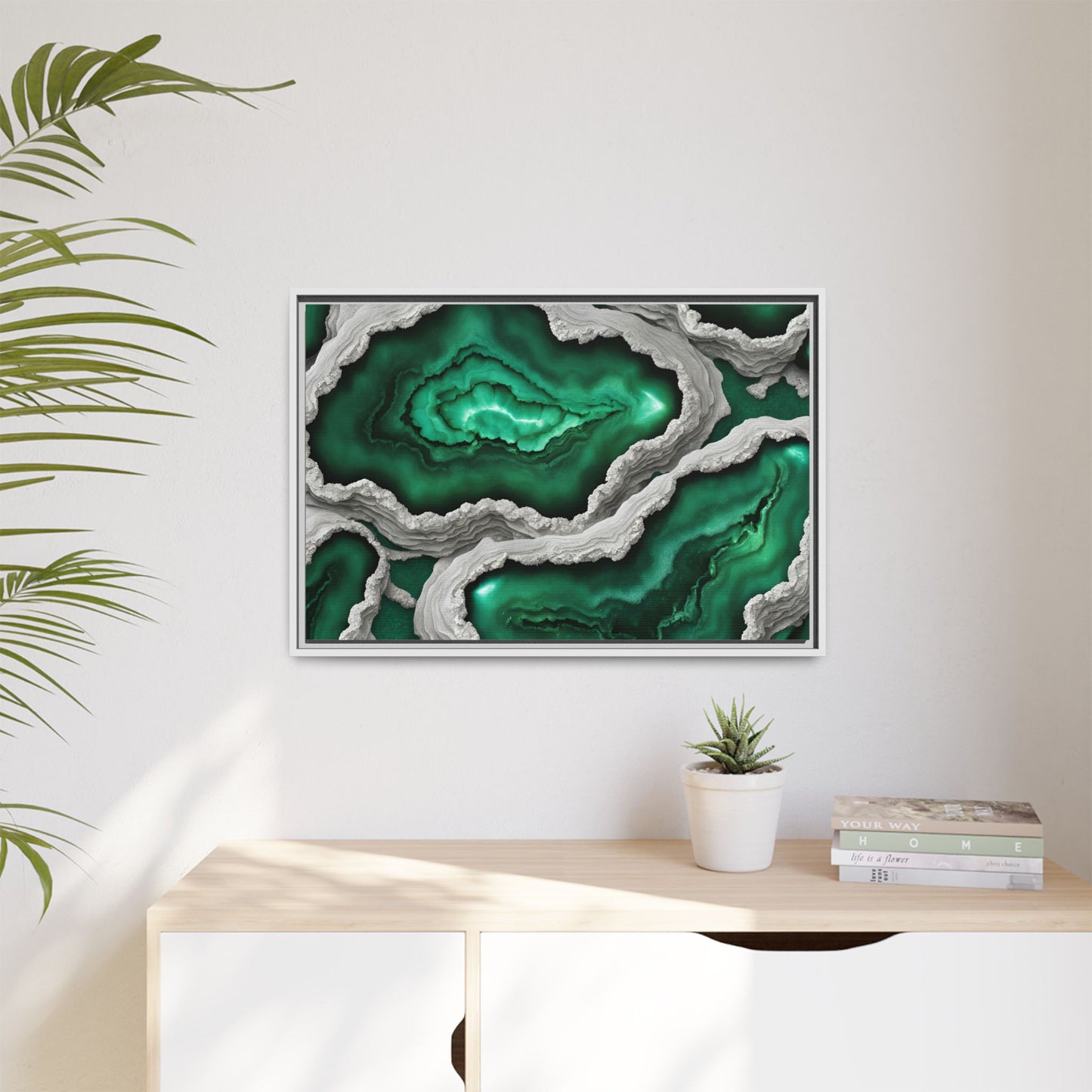 Emerald Green Quartz Crystal Geode Design Print Matte Canvas Wall Art Nature Lover Gift Geology Rock Lover Gift 3 frame color choices