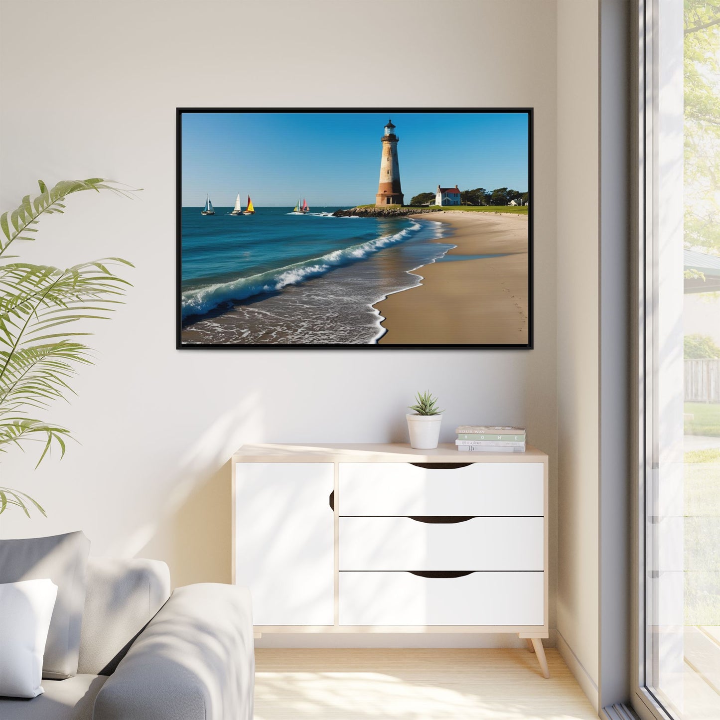 Lighthouse on the Beach Unique Framed Canvas Print Wall Art Nature Lover Gift Beachy Sailboats in the Ocean Vacation Decor 3 frame colors