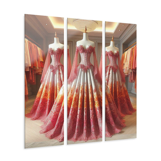 Fashion Formal Runway Damask Dress Design Triptych 3-Panel Acrylic Print Wall Art Unique Haute Couture Fashionista Vintage Style Decor