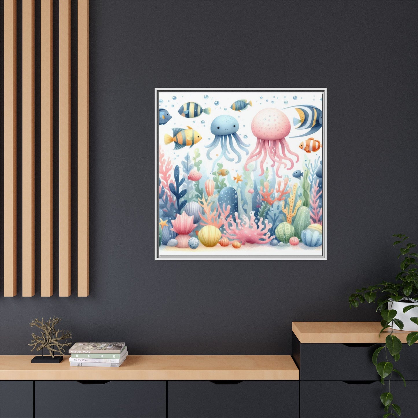 Whimsical Nursery Decor Pastel Underwater Design Unique Sweet Baby Room Framed Canvas Ocean Fish Print Unisex Baby Shower Octopus Gift