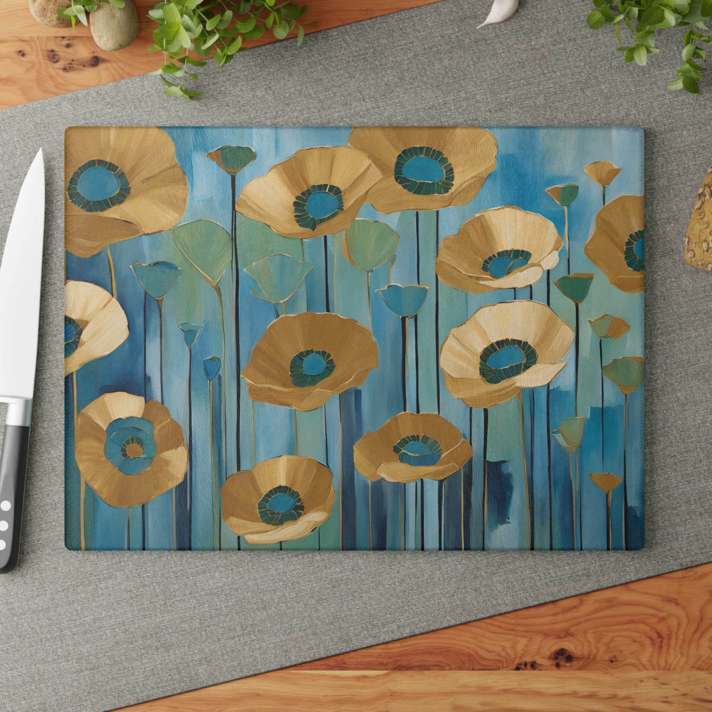 Kitchen Decor Glass Cutting Board Serving Tray with Field of Flowers Pattern Cutting Board Gift for Home Cook Charcuterie Board